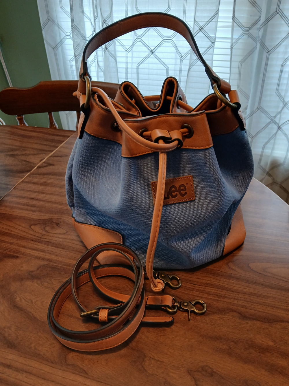 Lee Blue Canvas Bucket Bag with Brown Leather Trim